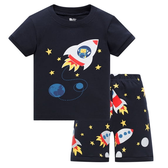 RUTAYY Boys Pajama Set Short Sleeve Crew Neck Shorts Outer Space Planet Pattern Casual Home Outfit Black