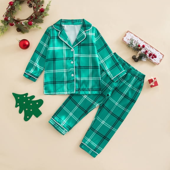 RUTAYY Boys Plaid Christmas Pajamas Set Button Down Long Sleeve Top and Pants 2 Piece Loungewear Kids Holiday Sleepwear, Green