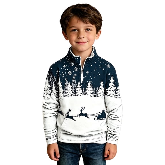 RUTAYY Boys Quarter Zip Sweatshirt Christmas Reindeer Tree Graphic Loose Fit Long Sleeve Casual Top, Navy