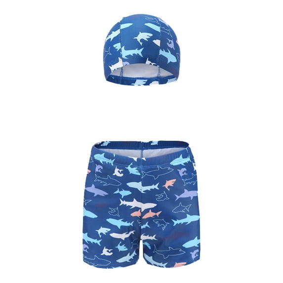 RUTAYY Boys Rash Guard Swimsuits Shark Swimming Cap Two Sets Of Cartoon Swimming Trunks Beachwear, Blue, 9 -11 Years
