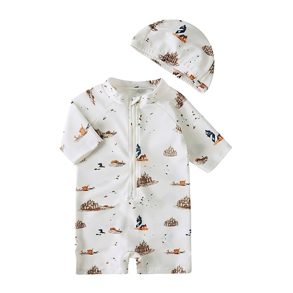 RUTAYY Boys Rash Guard Swimsuits Short Sleeve One-Piece Hot Spring Sun Protection Leisure Beachwear, Beige, 3-4 Years
