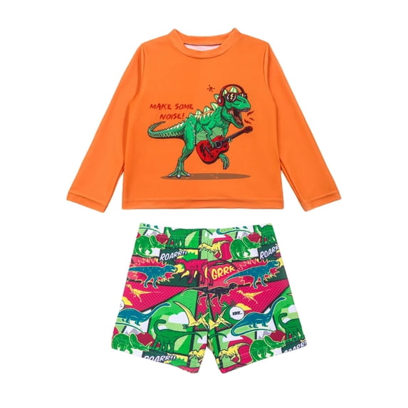 RUTAYY Boys Rash Guard Swimsuits Two Piece And Long Sleeve Cartoon Cute Sun Protection Swimwear, Orange, 12-24 Months