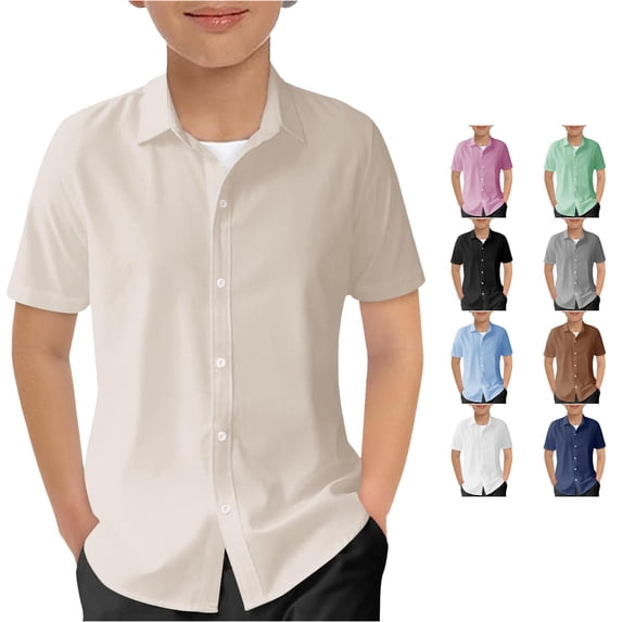 RUTAYY Boys Shirt Solid Color Turndown Collar Short Sleeve Full Button Kids Uniform Tops Beige