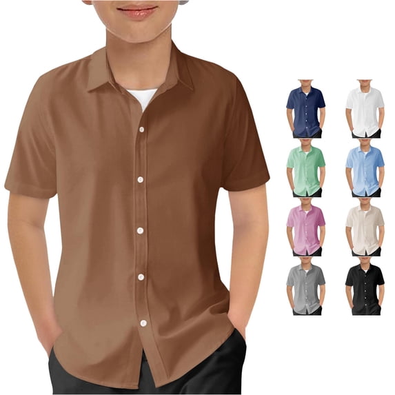 RUTAYY Boys Shirt Solid Color Turndown Collar Short Sleeve Full Button Kids Uniform Tops Brown