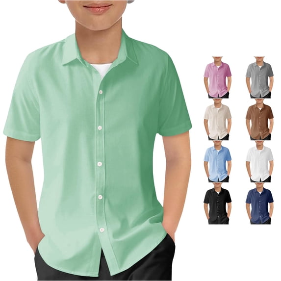 RUTAYY Boys Shirt Solid Color Turndown Collar Short Sleeve Full Button Kids Uniform Tops Green