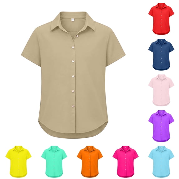 RUTAYY Boys Shirt Turndown Collar Short Sleeve Solid Color Full Button Front Curved Hem Everyday Wear Khaki