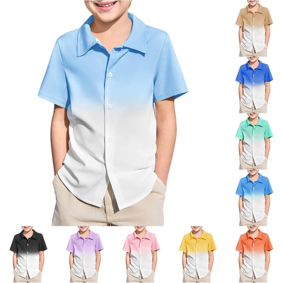 RUTAYY Boys Short Sleeve Shirt Turndown Collar Gradient Color Button Down Casual Top Light Blue