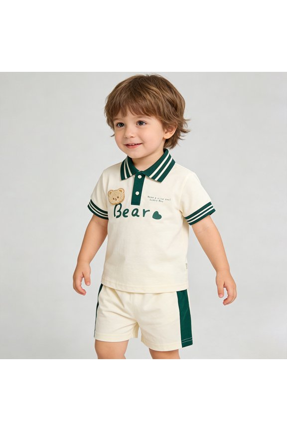 Boys Summer Outfits Casual Turndown Collar Short Sleeve Shirts and Shorts 2 Piece Travel Clothing Sets Beige