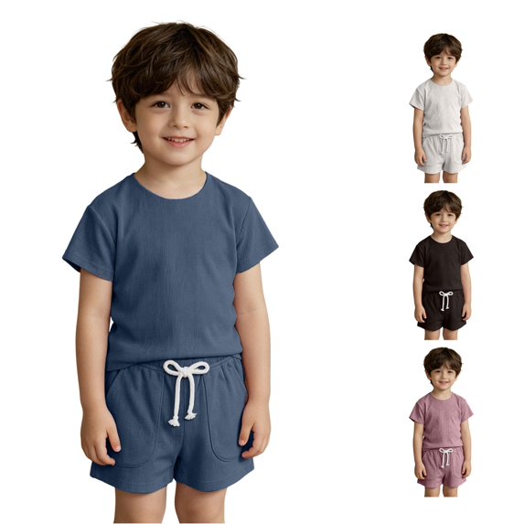 RUTAYY Boys Summer Outfits Solid Color Crew Neck Short Sleeve Tees and Shorts Casual Clothing Sets Blue