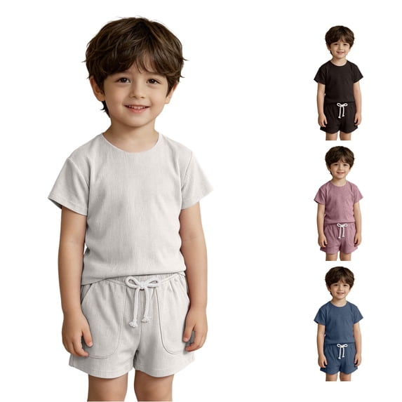 RUTAYY Boys Summer Outfits Solid Color Crew Neck Short Sleeve Tees and Shorts Casual Clothing Sets White