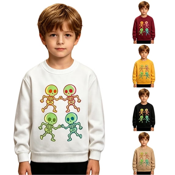 RUTAYY Boys Sweatshirt Long Sleeve Halloween Dancing Skeleton Cartoon Graphic Print Crew Neck Pullover Tops White
