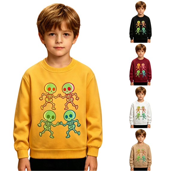 RUTAYY Boys Sweatshirt Long Sleeve Halloween Dancing Skeleton Cartoon Graphic Print Crew Neck Pullover Tops Yellow