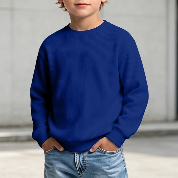 RUTAYY Boys Sweatshirt Waffle Knit Crew Neck Long Sleeve Cozy Solid Color Casual Pullover, Dark Blue