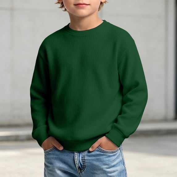 RUTAYY Boys Sweatshirt Waffle Knit Crew Neck Long Sleeve Cozy Solid Color Casual Pullover, Green