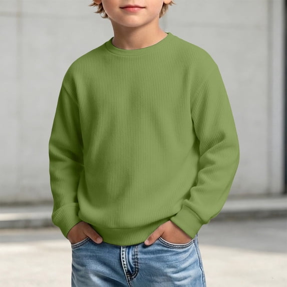 RUTAYY Boys Sweatshirt Waffle Knit Crew Neck Long Sleeve Cozy Solid Color Casual Pullover, Light Green