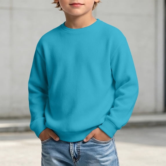 RUTAYY Boys Sweatshirt Waffle Knit Crew Neck Long Sleeve Cozy Solid Color Casual Pullover, Sky Blue