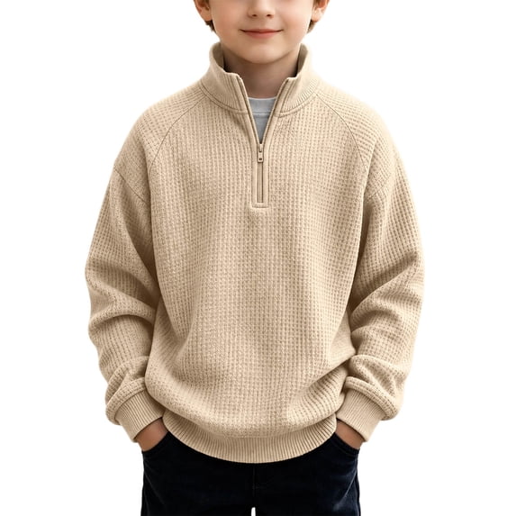 RUTAYY Boys Waffle Sweatshirt Knit Quarter Zip Fashion Long Sleeve Fall Winter Basic Pullover Casual Outdoor Wear, Beige