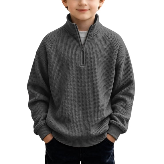 RUTAYY Boys Waffle Sweatshirt Knit Quarter Zip Fashion Long Sleeve Fall Winter Basic Pullover Casual Outdoor Wear, Dark Gray