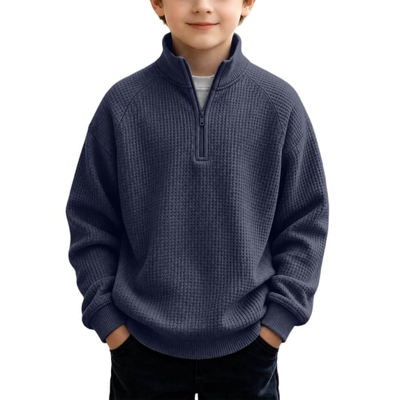 RUTAYY Boys Waffle Sweatshirt Knit Quarter Zip Fashion Long Sleeve Fall Winter Basic Pullover Casual Outdoor Wear, Navy