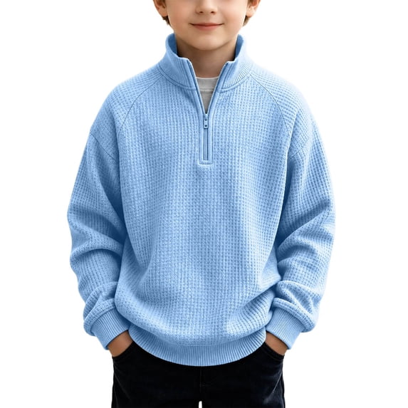RUTAYY Boys Waffle Sweatshirt Knit Quarter Zip Fashion Long Sleeve Fall Winter Basic Pullover Casual Outdoor Wear, Sky Blue