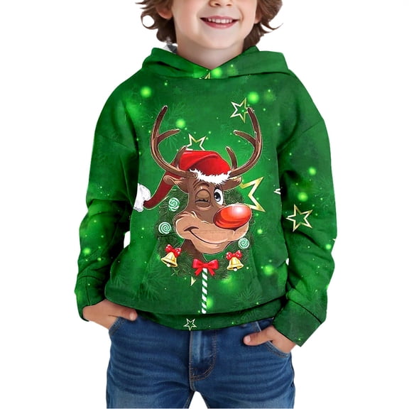 RUTAYY Boys Winter Sweatshirt Reindeer Print Hoodie Long Sleeve Cozy Christmas Party Pullover Top, Dark Green