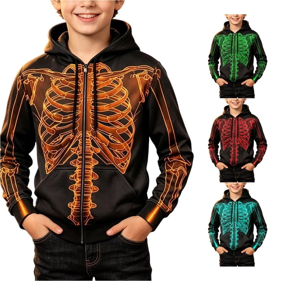 RUTAYY Boys Zip Up Hoodie Long Sleeve Skeleton Full Print Halloween Front Pocket Hooded Jacket Orange