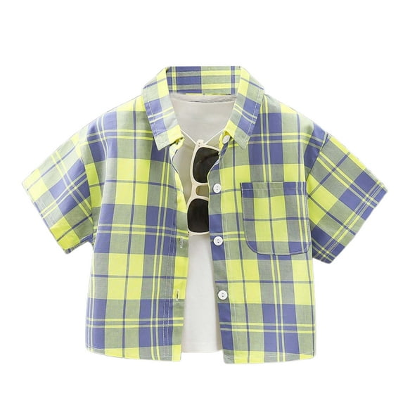 RUTAYY Child Boys' T-Shirt Lapel cardigan grid button shirts with short sleeves Fashion tops , Light Yellow, 10-11 Years