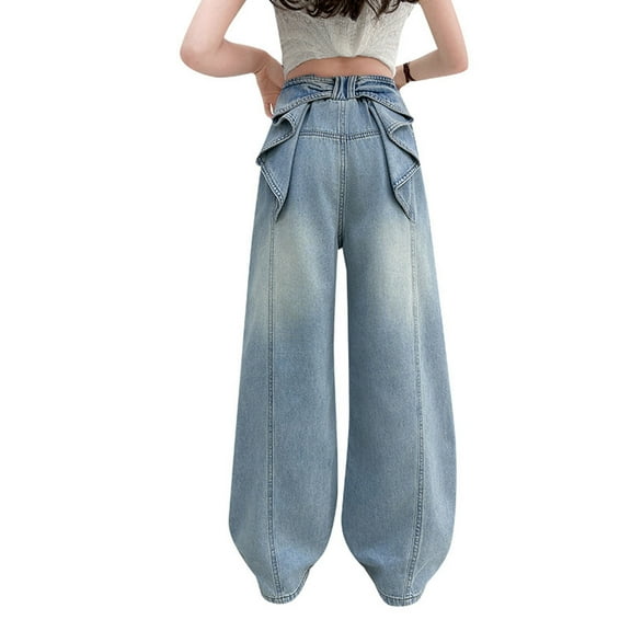 RUTAYY Child Girls' Pants Elastic Waist Wide Leg Straight Long Trousers With Bow Back Summer Bohemian Style, Blue, 13-14 Years