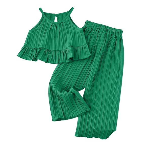 RUTAYY Child Girls Summer Outfits Sets Sleeveless Ruffle Tops Wide Leg Pants Holiday Vacation Beach, Green, 3-4 Years