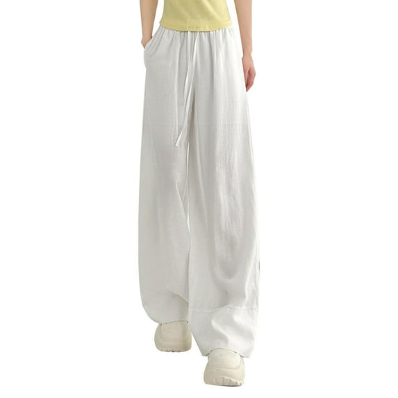 RUTAYY Child Girls' Trousers Drawstring Wide Leg Straight Pants Fashion The Floor Classic Style, White, 15-16 Years