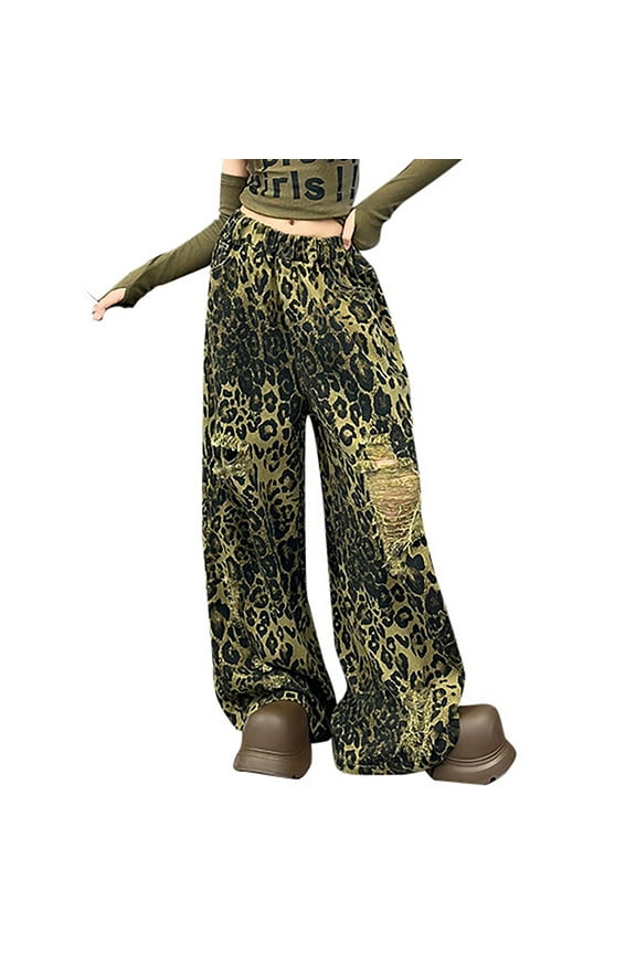 Child Girls' Trousers Loose Leopard Print Baggy Jeans Elastic Waist Distressed Ripped Denim Pants With Holes Classic Style, Khaki, 12-13 Years