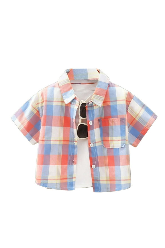 Children Boys Blouse Summer and Autumn Button Down Striped Checkered Short Sleeved Shirt Cardigan Trendy Tops