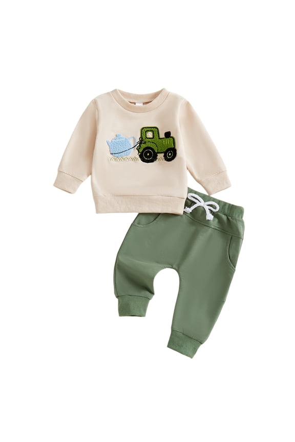 Children Boys Clothing Sets Tractor Embroidery Long Sleeve Crewneck Sweatshirt and Pants 2-Pack Autumn Winter Holiday Trendy Outfit Sets