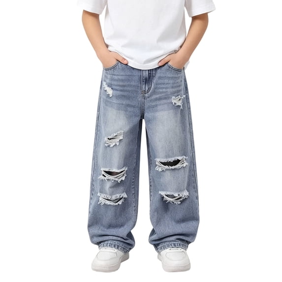 RUTAYY Children Boys Denim Pants Solid Color with Pockets Straight Leg Relaxed Fit Jeans with Distressed Detailing Everyday Casual Wear Travel Classic Trousers