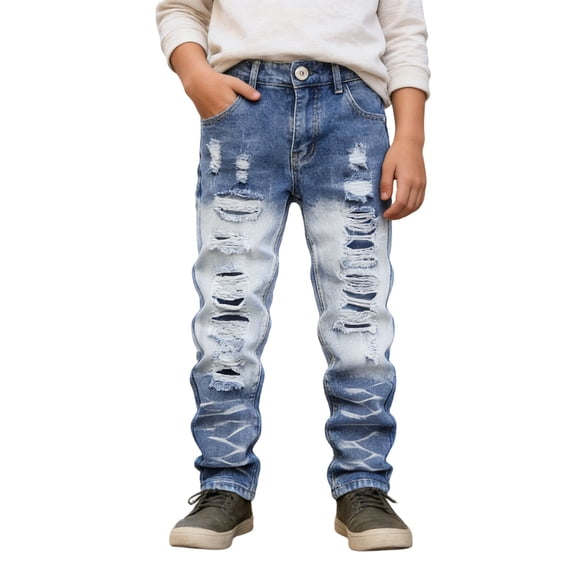 RUTAYY Children Boys Distressed Jeans High Street Long Denim Pants with Pocket Comfortable Stretch Elegant Casual Trousers
