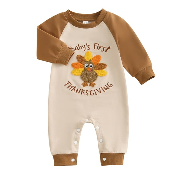 RUTAYY Children Boys Jumpsuits Long Sleeve Bodysuit with Embroidered Turkey Design Cute Crawler Relaxed Holiday Romper