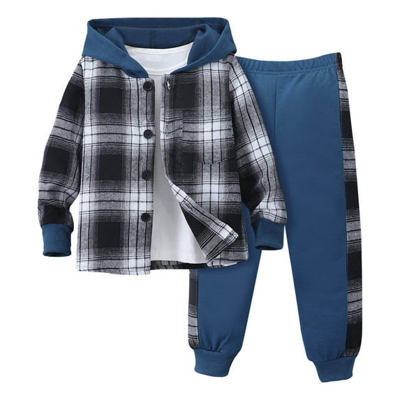 RUTAYY Children Boys Outfit Sets Long Sleeve Patchwork Plaid Prints Button Hooded Tops Elastic Pants Classic Versatile Clothing