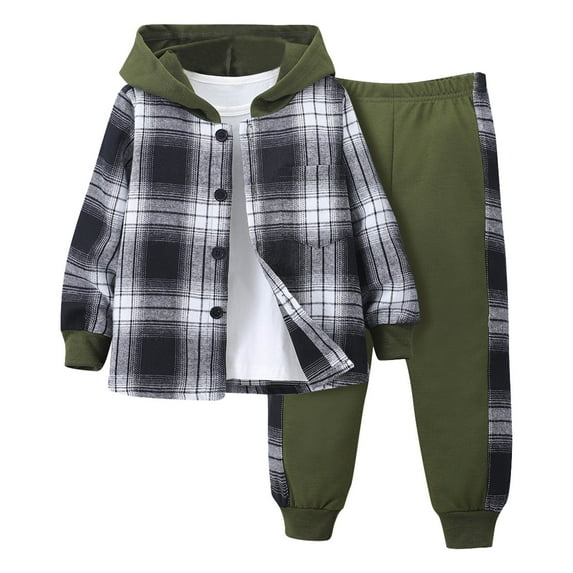 RUTAYY Children Boys Outfit Sets Long Sleeve Patchwork Plaid Prints Button Hooded Tops Elastic Pants Fashion Clothing