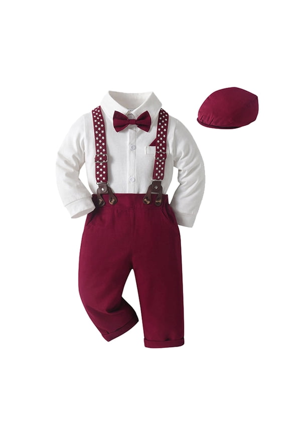 Children Boys Outfit Sets Long Sleeve Turndown Collar Suspenders Pants Gentleman Playful Vacation Clothing Sets