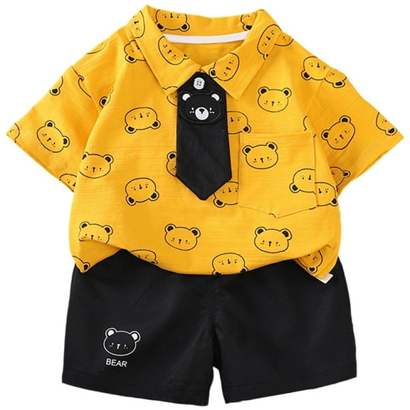 RUTAYY Children Boys Outfit Sets Stylish Bow Tie Shirt Short Sleeved Cartoon Print Top and Shorts 2-Pack Set 2-8 Years Trendy Clothes