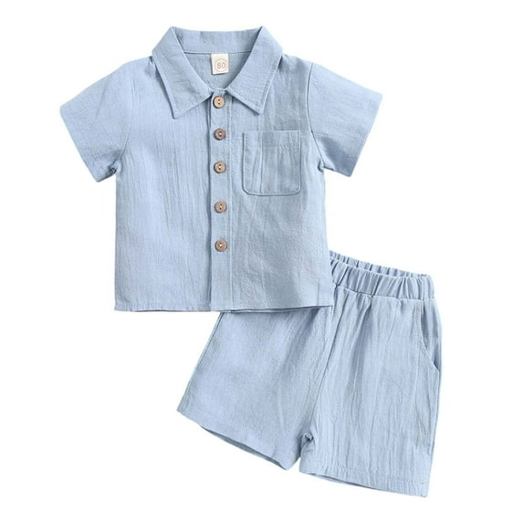 RUTAYY Children Boys Outfit Setspure Color Stand Collar Short Sleeve with Button Elastic Shorts Breathable Comfortable 2-Pack Trendy Clothes
