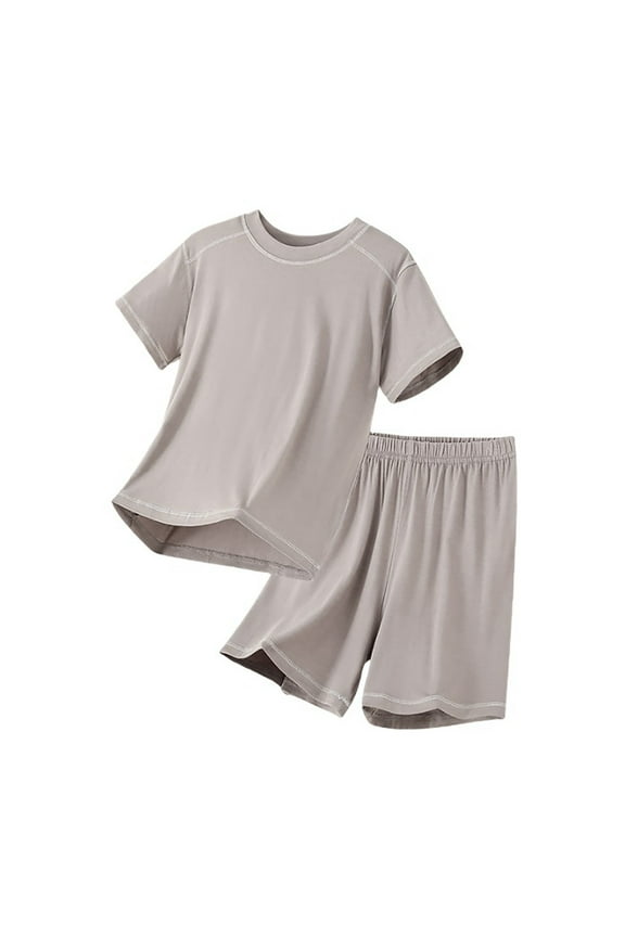 Children Boys Outfit Setssummer Fall Solid Color Round Neck Short Sleeve Sports Tshirt Elastic Shorts Casual Daily Wear