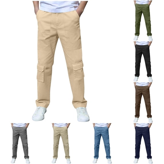 RUTAYY Children Boys Pants Casual Straight Leg Solid Color with Pockets Elastic Waist Comfortable Long Bottom Daily Wear Holiday Vibrant Trousers