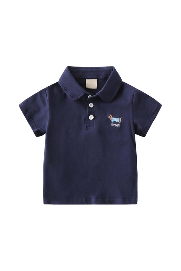 Children Boys' Polo Shirt Casual cartoon print gentleman short sleeve POLO shirt lapel Fashionable Beach Tops , Navy, 3-4 Years