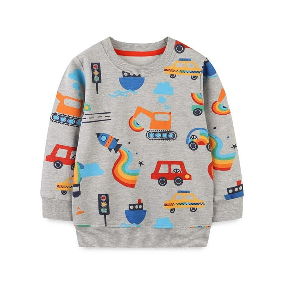 RUTAYY Children Boys Sweatshirt Long Sleeve Plush Cartoon Excavator Print Round Neck Autumn Winter Warm Casual Classic Elegant Pullover