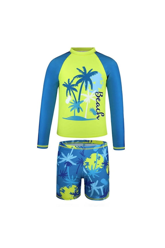 Children Boys Swimsuit Sets Long Sleeve 2 Piece Coconut Tree Print Upf 50+ Sun Protecion Versatile Travel Swimwear