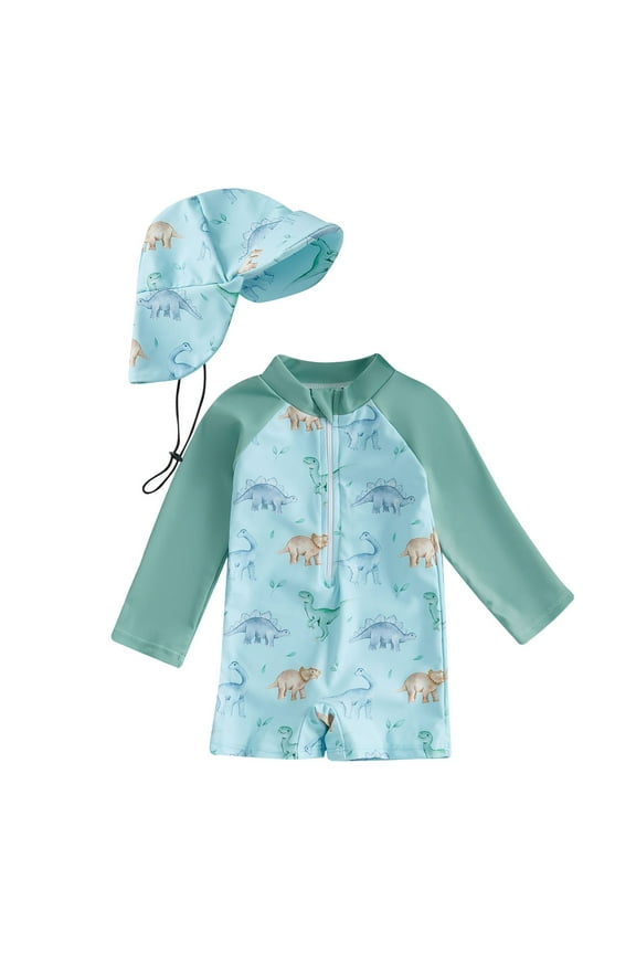 Children Boys Swimsuit Sets Rash Guard Long Sleeve Sunsuit Beachwear Cute Cartoon Print Athletic Bathing Suit
