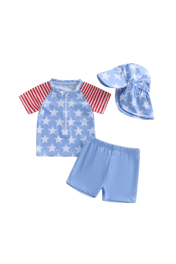 Children Boys Swimsuit Sets Summer Thin Star Print Zip Up Rash Guard Swim Shirt and Shorts Surfing Swimwear