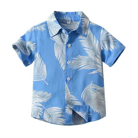 RUTAYY Children Boys' T-Shirt Leisure suit Hawaii flower printed lapel shirt Beach Fashion Tops , Blue, 6-7 Years