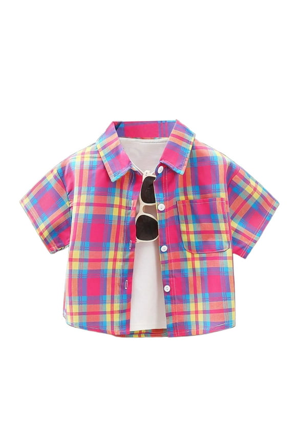Children Boys' Tee Lapel cardigan grid button shirts with short sleeves Beach Fashion Tops , Hot Pink, 1-2 Years